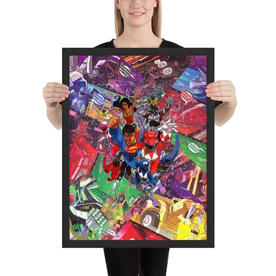 Justice League x Power Rangers Comic Canvas Framed Reproduction Print